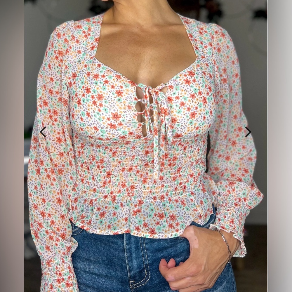 Love Tree Smocked Tie Front Long Sleeve Blouse